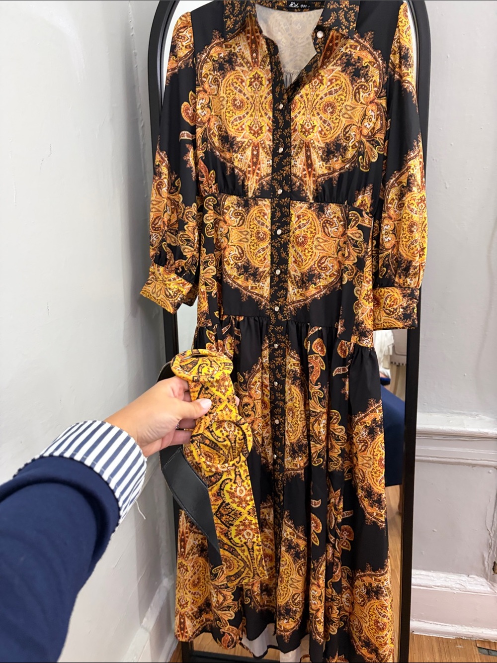 Black & Gold Paisley Long Sleeve Shirt Dress with Waist Tie